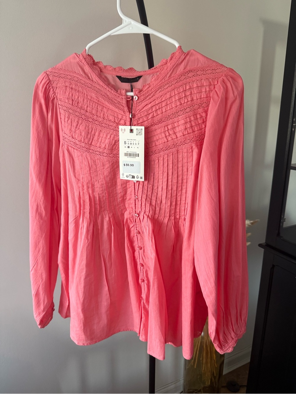 Zara Coral Pink Pintuck Button-Down Blouse